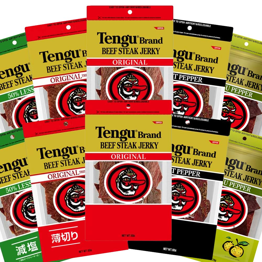 テングビーフジャーキー バラエティセット 5種類いろいろ 10袋 オリジナル、減塩、薄切り、柚子胡椒、HOT