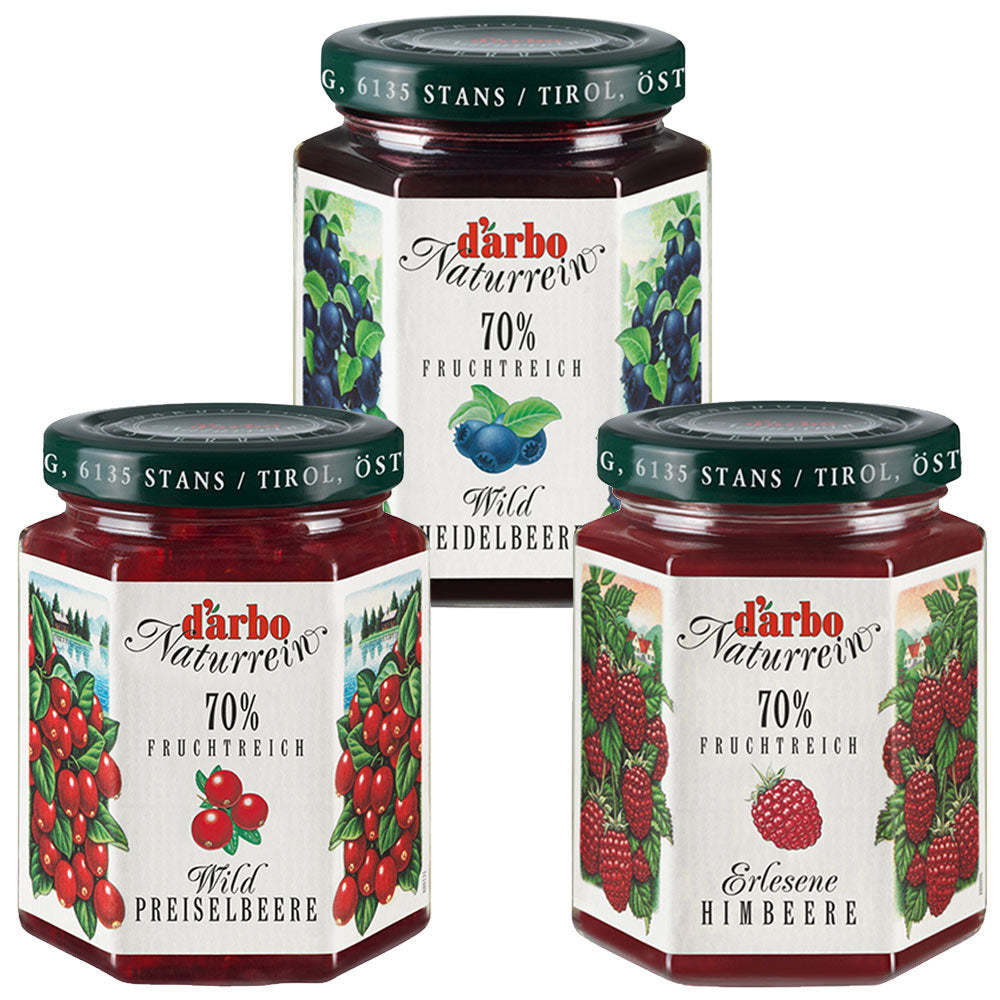 ダルボ  ジャム３品セット ワイルドリンゴンベリー、ブルーベリー、ラズベリー １瓶２００ｇ 送料込み　　３本セット オーストリア　ヨーグルト 甘さ控えめ ホテル人気ジャム