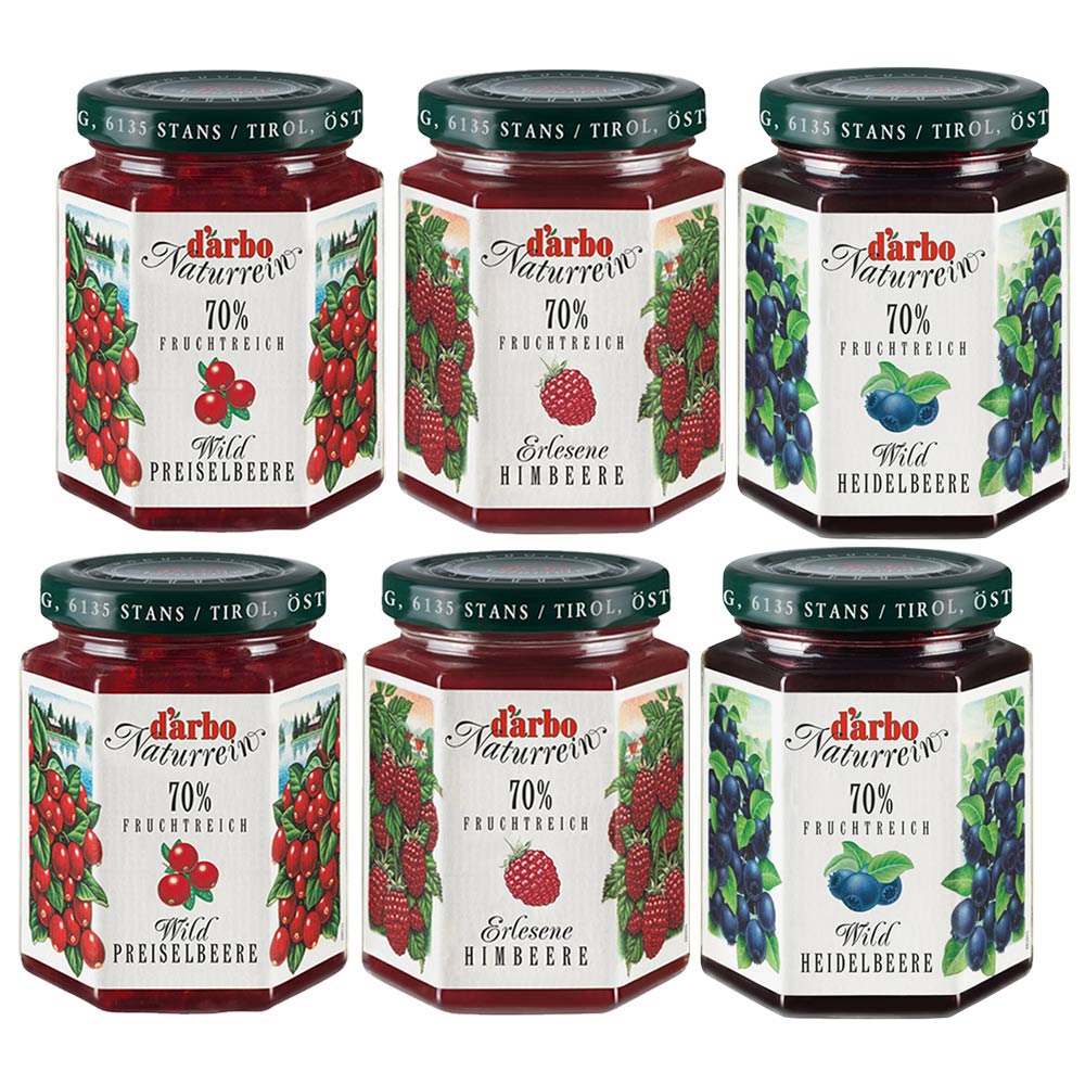 ダルボ  ジャム３品各２本セット ワイルドリンゴンベリー、ブルーベリー、ラズベリー １瓶２００ｇ 送料込み　　６本セット オーストリア　ヨーグルト 甘さ控えめ ホテル人気ジャム