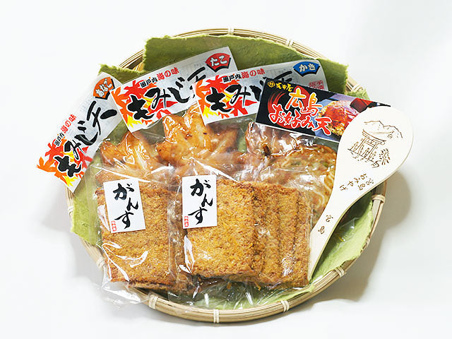 広島名物詰合せギフト　送料込み　広島がんす、もみじ天３種、お好み天1ヶ、宮島しゃもじ