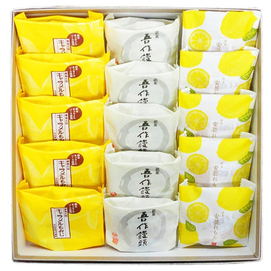 広島銘菓 銘菓撰М-CGL キャラメルもみじ、吾作饅頭、安芸れもん×各5個 平安堂梅坪 紙袋付き